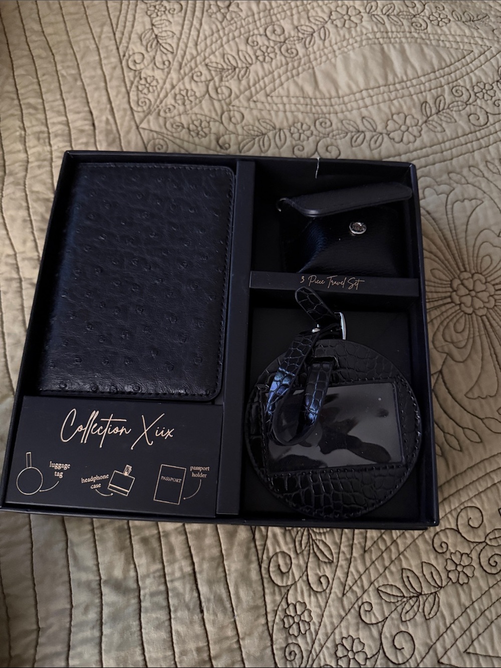Collection XIIX Black Faux-Ostrich Passport & Luggage Tag Set